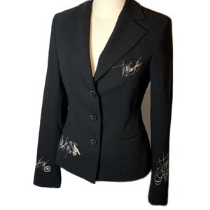 NELVA Black fitted & lined blazer, embroidered motif/sketch designs, bicycle etc